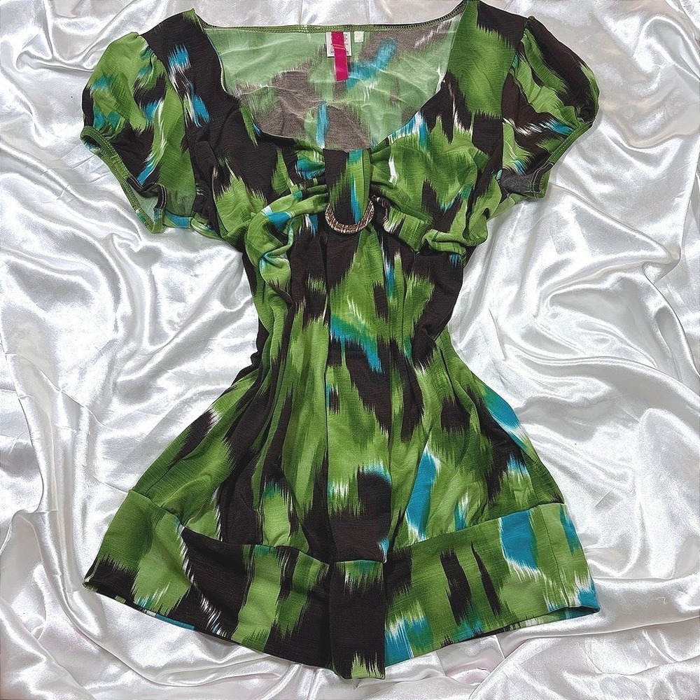 y2k Tunic Top Green Excellent Ikat Print Ring Detail Puff Sleeve XL
